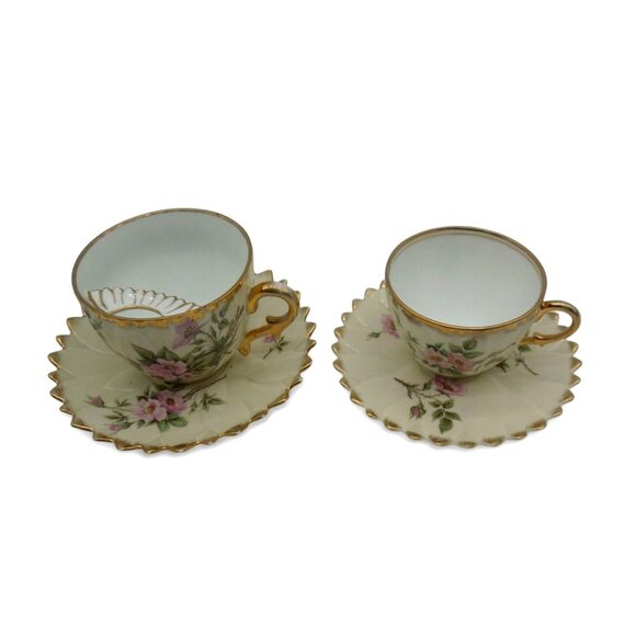 MOUSTACHE and Tea CUP with SAUCERS Delicate Floral Set with Gold Trim Vintage - Picture 1 of 15